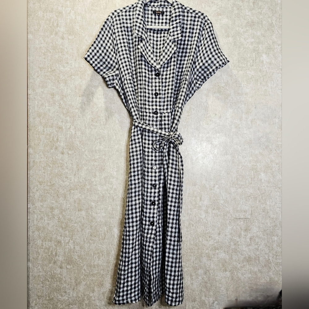 Quince European Linen Gingham Khaki & Black Midi Dress - Picture 2 of 9